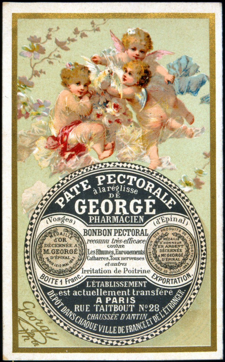 Cartolina pubblicitaria per la Pasta Pectoral con Liquirizia di Georgé Pharmacien. sd. XIX secolo da French School