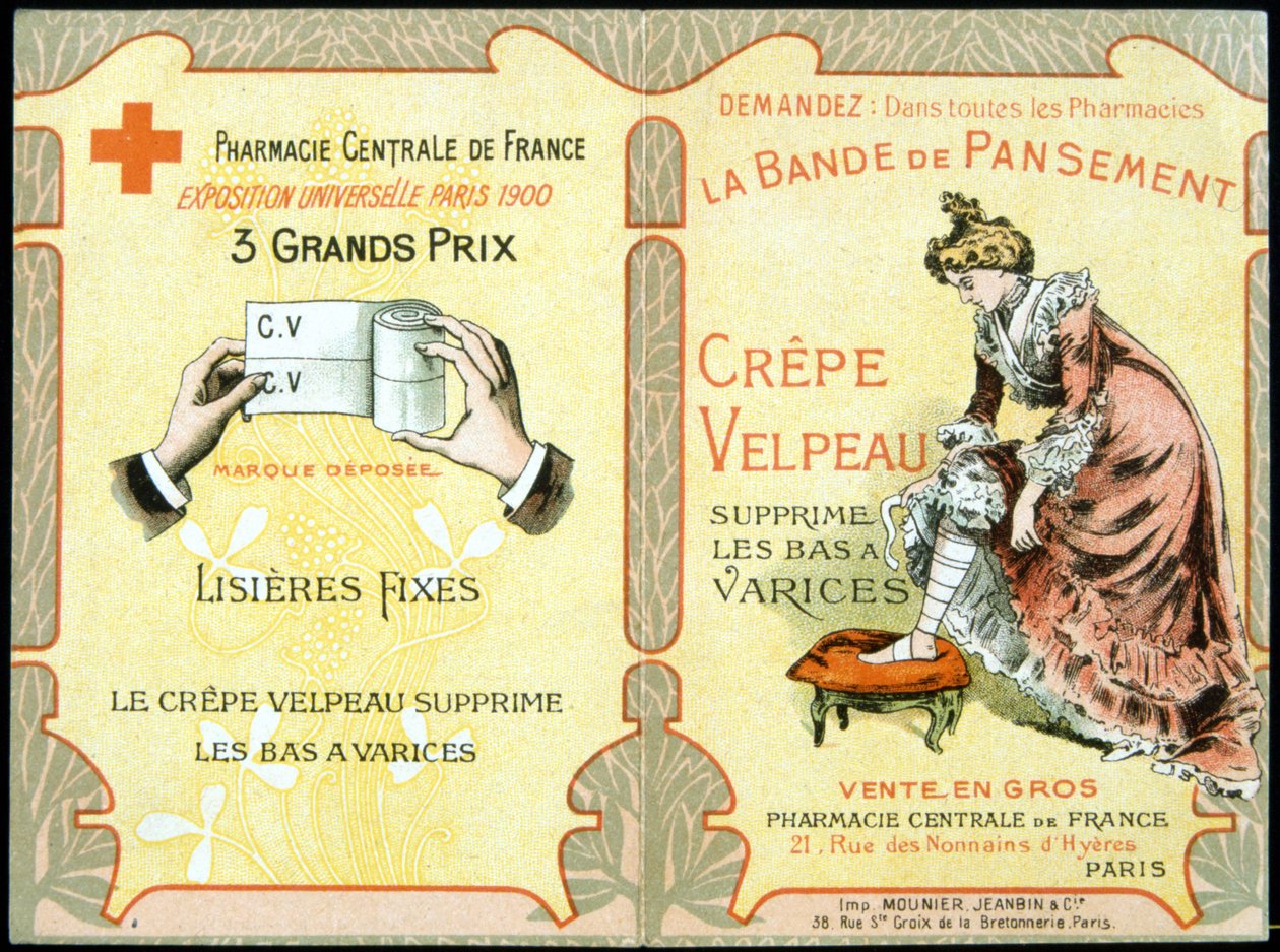 Cartolina pubblicitaria di "La benda Velpeau Crepe rimuove le calze varicose". Sd. XIX secolo da French School