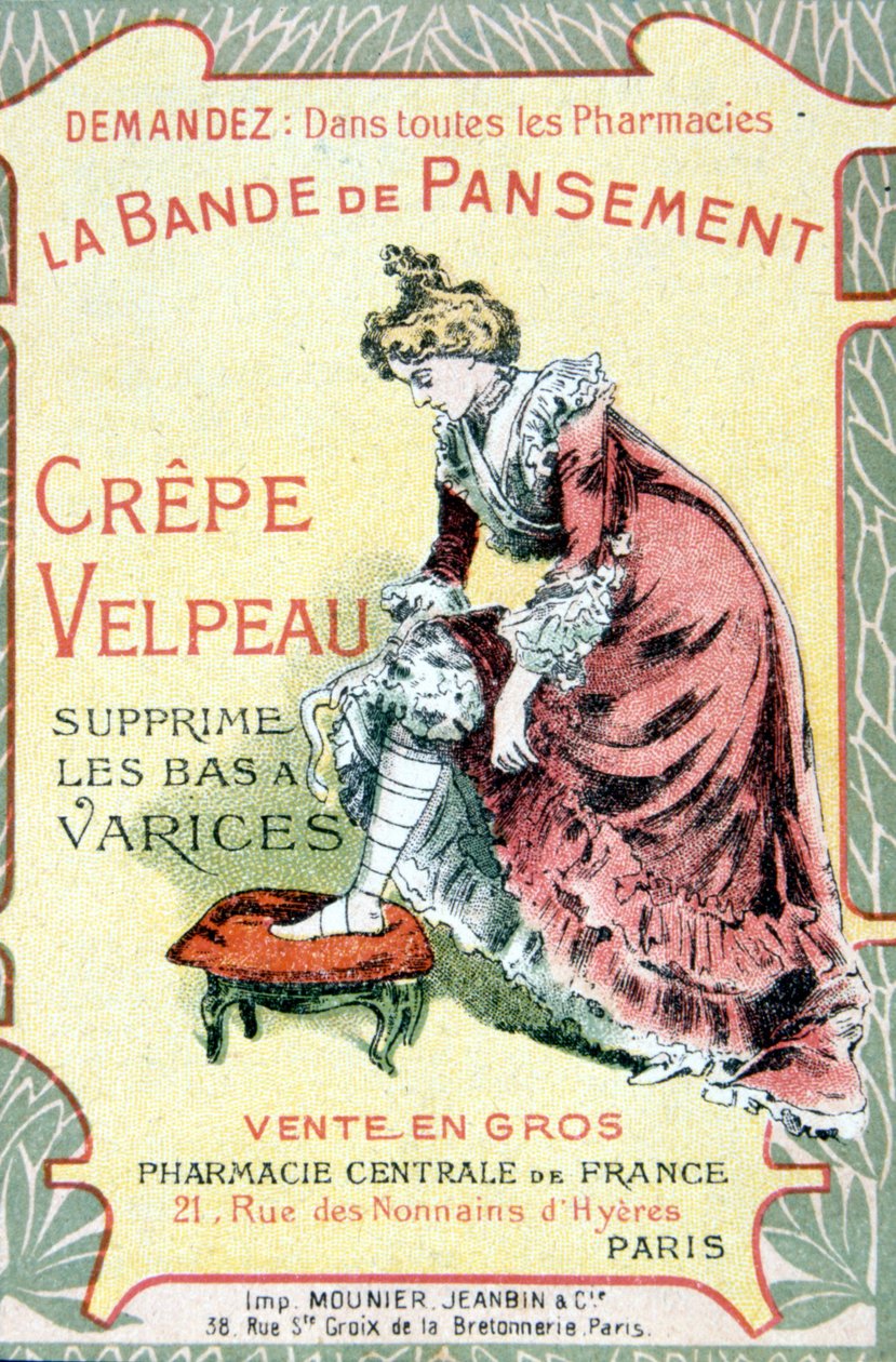 Cartolina pubblicitaria di "The Velpeau Crepe Dressing Band rimuove calze varicose". Sd. XIX secolo da French School