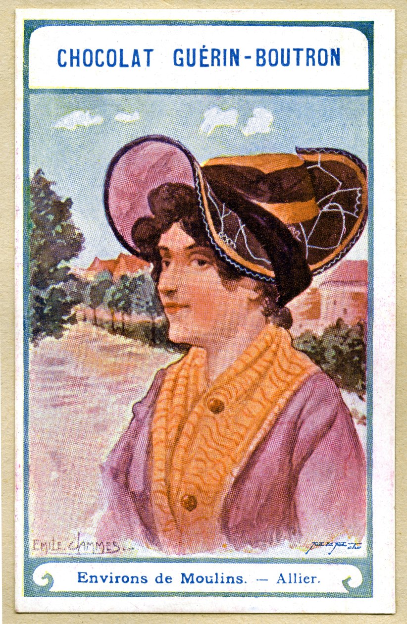 Cromolitografia pubblicitaria dei cioccolati Guerin Boutron, i copricapi delle regioni della Francia, dintorni di Moulins, Allier, illustrazione di Emile Jammes da French School