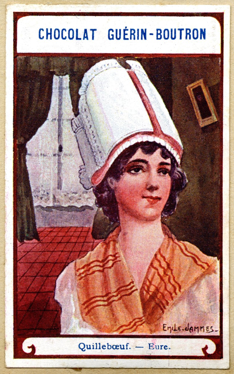 Cromolitografia pubblicitaria dei cioccolati Guerin Boutron, i copricapi delle regioni della Francia, Quilleboeuf, Eure, illustrazione di Emile Jammes da French School