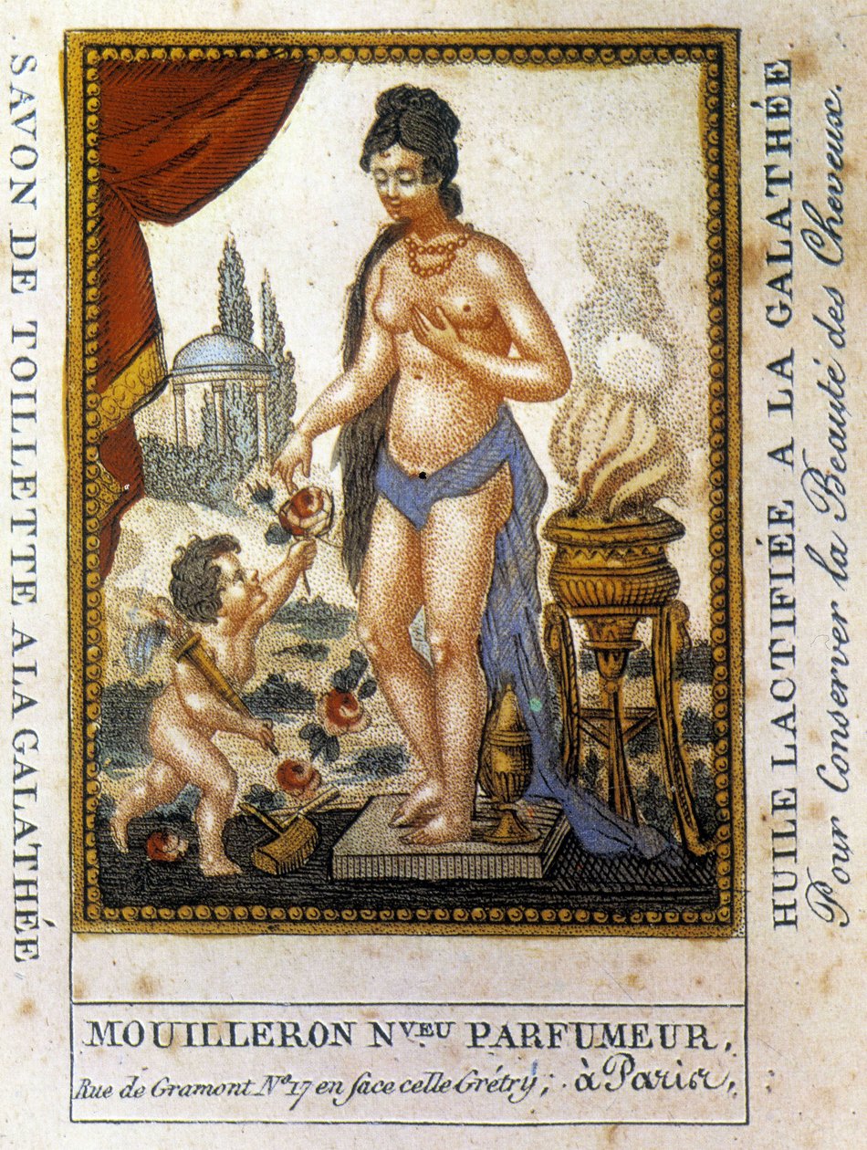 Etichetta pubblicitaria per olio lattificato galathy "per preservare la bellezza dei capelli" Profumiere Mouilleron da French School