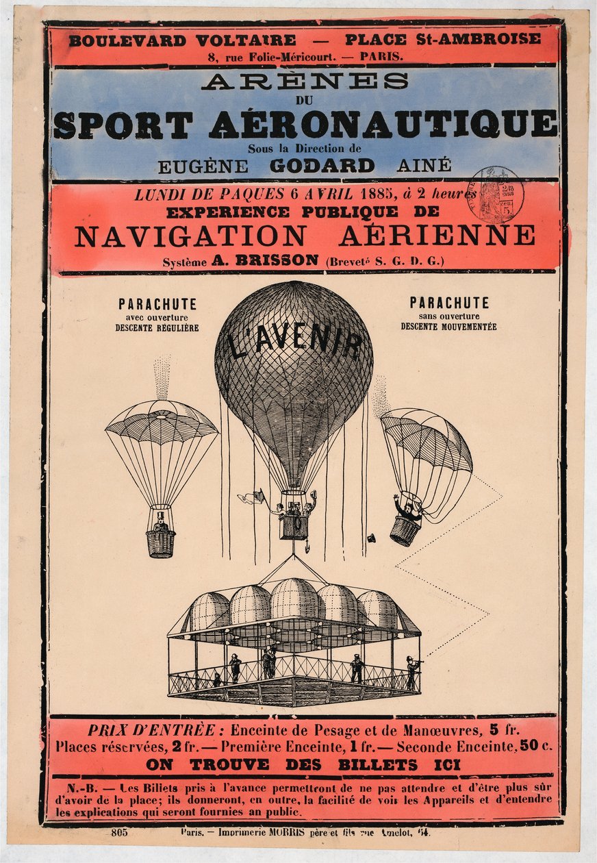 Esposizione di aeronautica a Parigi nel 1885 sotto la direzione di Eugene Godard, pub. 1885 da French School