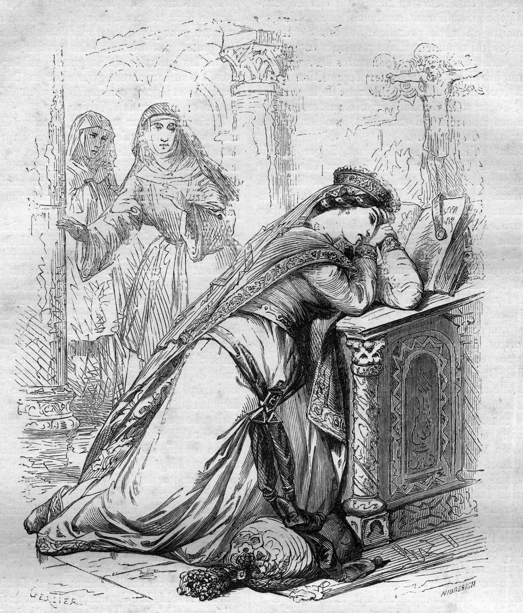 Agnese di Merania o Merano (1172-1201), regina di Francia, fu mandata in convento dal re Filippo Augusto. Incisione in 