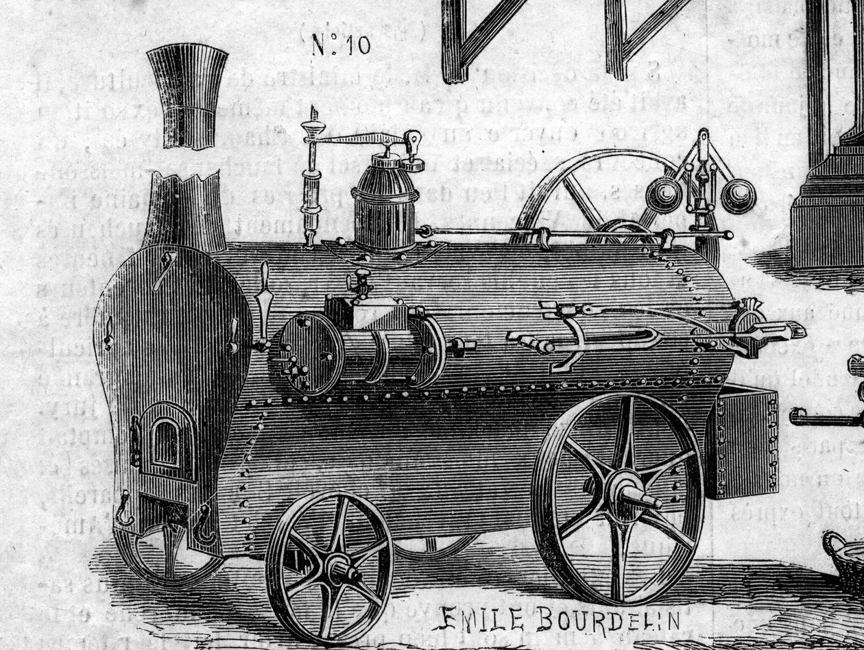 Macchina agricola: una locomobile presentata al concorso agricolo di Parigi nel 1860. Incisione in 