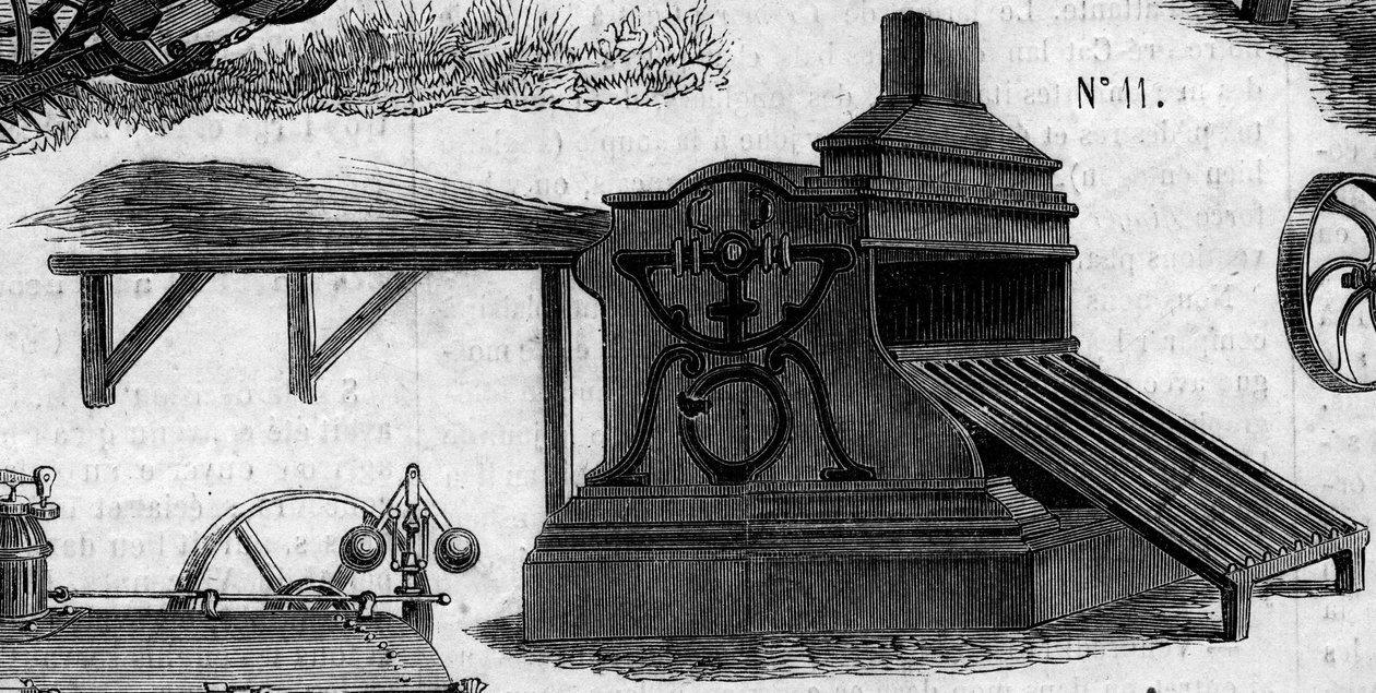 Macchina agricola: una trebbiatrice presentata al concorso agricolo di Parigi nel 1860. Incisione in 