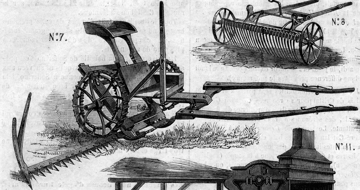 Macchina agricola: una mietitrice americana presentata al concorso agricolo di Parigi nel 1860. Incisione in "Le Monde Illustré" n.16 del 7 luglio 1860 da French School
