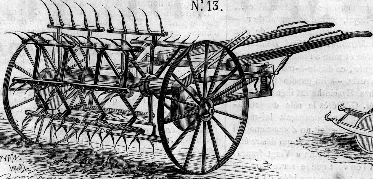 Macchina agricola: un ranghinatore a doppia azione inglese presentato al concorso agricolo di Parigi nel 1860. Incisione in 