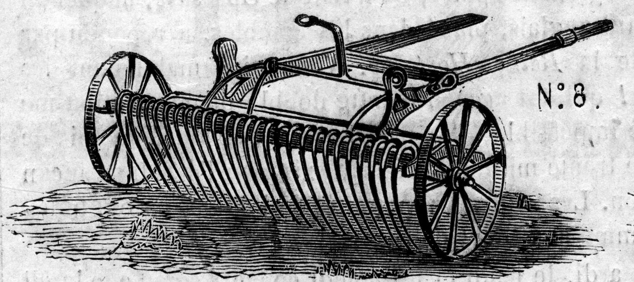 Macchina agricola: un rastrello a cavallo inglese presentato al concorso agricolo di Parigi nel 1860. Incisione in "Le Monde Illustré" n°169 del 7 luglio 1860. da French School