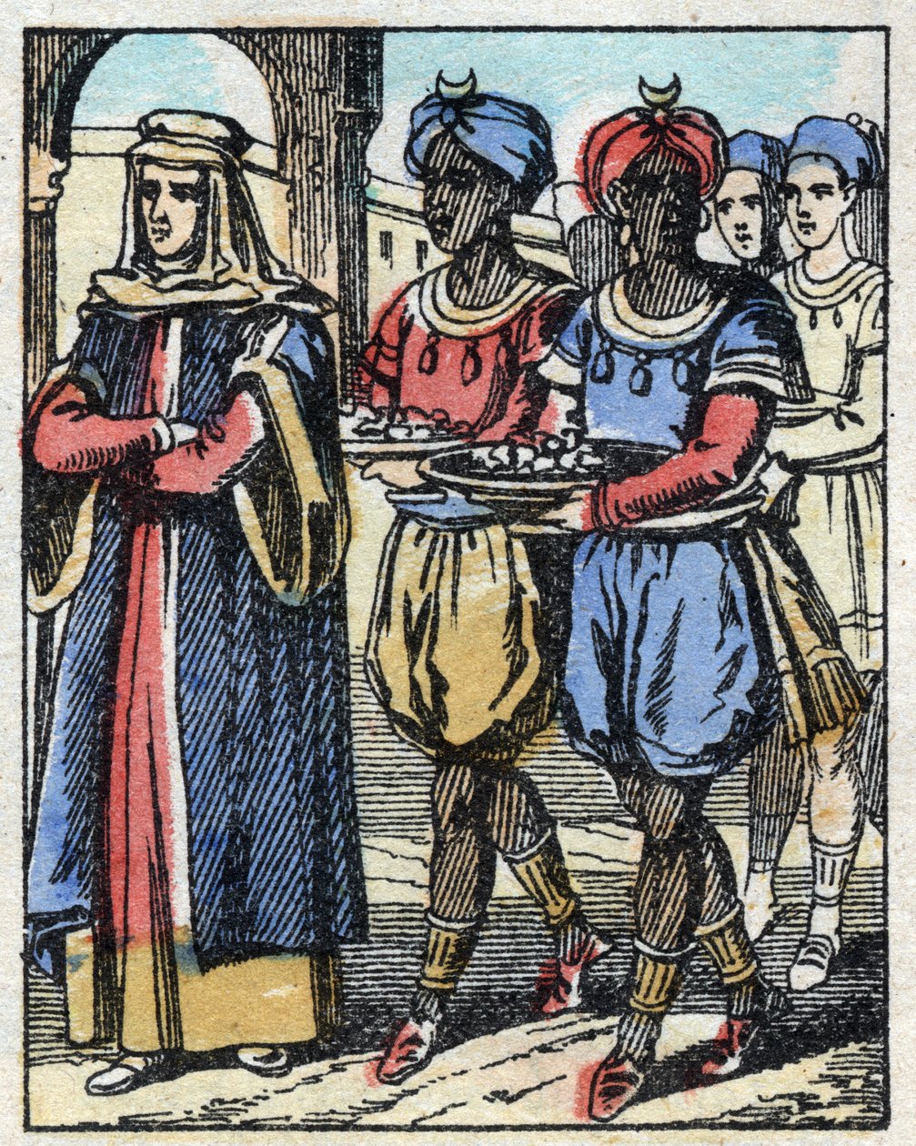 Aladino manda di nuovo sua madre scortata da schiavi che portano doni per proporre alla figlia del Sultano. Incisione del racconto delle Mille e una notte "Aladino e la lampada meravigliosa". Immagine di Epinal, fine XIX secolo. Collezione privata. da French School