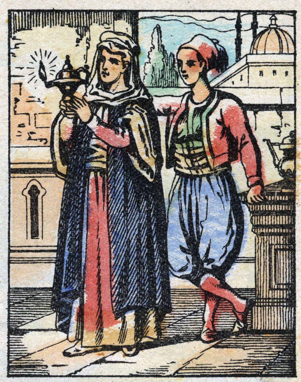 Aladino porta la lampada magica a sua madre. Incisione del racconto delle Mille e una notte "Aladino e la lampada meravigliosa". Immagine di Épinal, fine XIX secolo. Collezione privata da French School