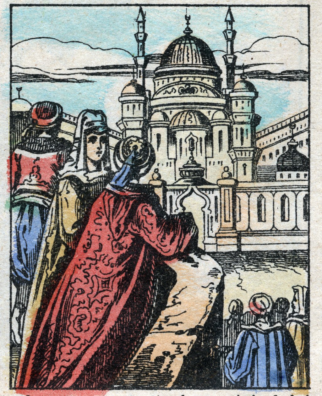 Aladino desidera che il Genio costruisca un sontuoso palazzo di fronte al palazzo del Sultano. Incisione del racconto Mille e una notte "Aladino e la lampada meravigliosa". Immagine di Epinal, fine XIX secolo. Collezione privata da French School