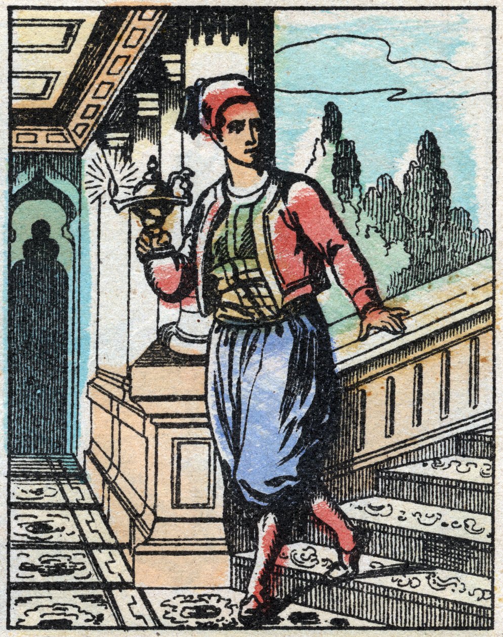 Aladino con la lampada magica non trova più la sua strada. Incisione del racconto delle Mille e una notte "Aladino e la lampada meravigliosa". Immagine di Épinal, fine XIX secolo. Collezione privata da French School