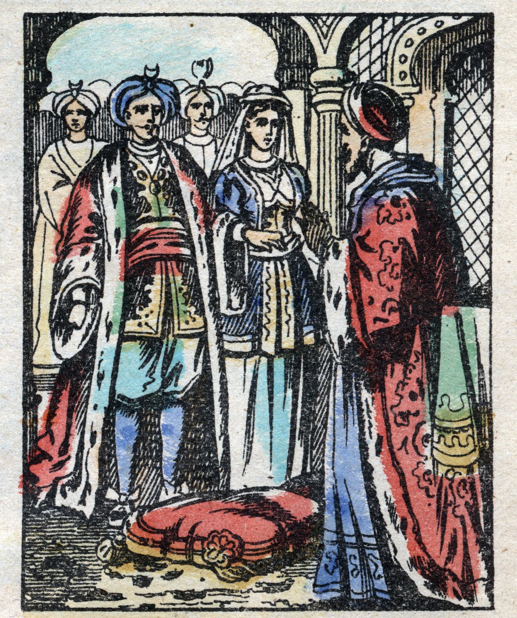 Il matrimonio di Aladino con la figlia del Sultano. Incisione del racconto Mille e una notte "Aladino e la lampada meravigliosa". Immagine di Epinal, fine XIX secolo. Collezione privata da French School