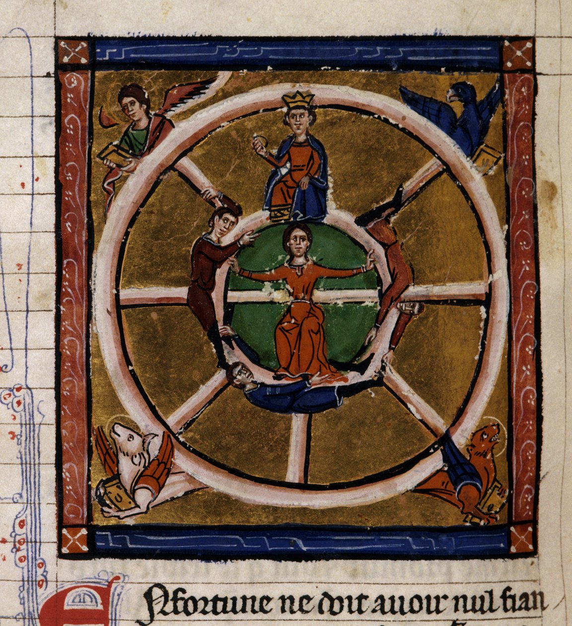 Alessandro III il Grande seduto sulla ruota della Fortuna circondato dal Tetramorfo. Miniatura del manoscritto Histoire ancienne à la Cesar, intorno al 1260-1270 scritta da un chierico al servizio della corte di Roger IV, Chatelain di Lille da French School