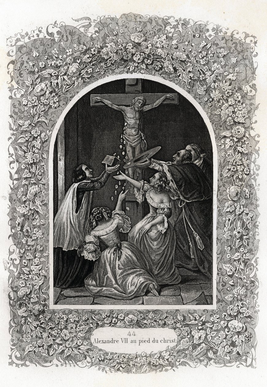 Alessandro VII (Alessandro) (Papa dal 1655 al 1667) ai piedi di Cristo. Incisione per illustrare Histoire des popes di Maurice Lachatre (1814-1900), libreria del progresso, Parigi da French School