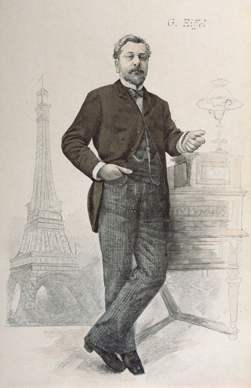 Alexandre Gustave Eiffel che posa alla sua scrivania con un disegno della Torre Eiffel, illustrazione da La Revue Illustrée, 1888 da French School
