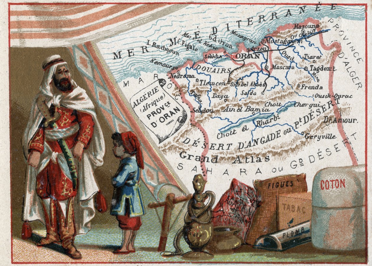Algeria in Africa e la Provincia di Orano, Francia. Serie sui Dipartimenti Francesi. Importazione di fichi, cotone, tabacco, agata e piombo. Cromolitografia 