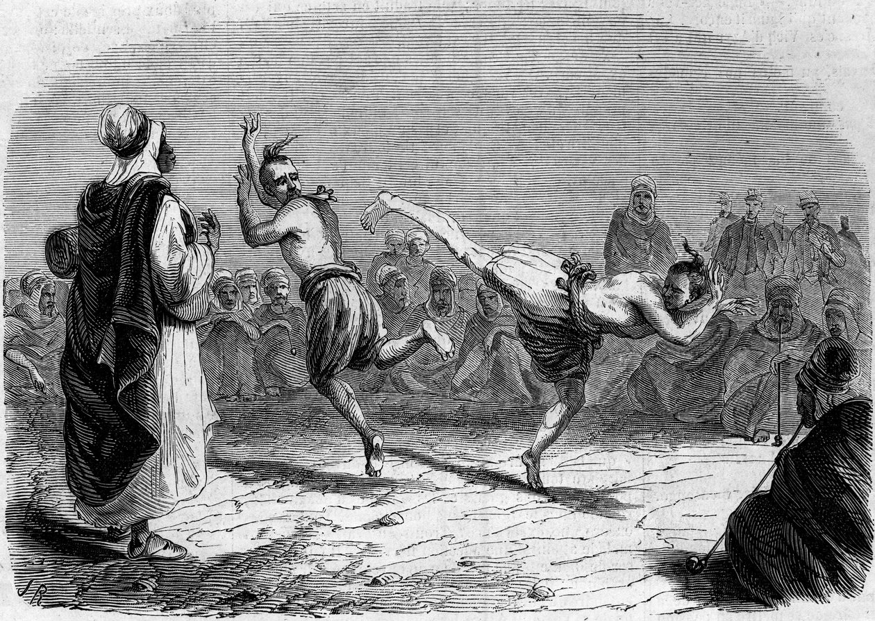 Costume algerino: danza araba. Disegno di Mr. Rigo, basato su uno schizzo di Mr. Ameler, capo battaglione. Incisione in 