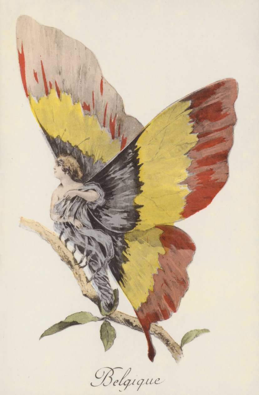 Raffigurazione allegorica del Belgio come farfalla (litografia a colori) da French School