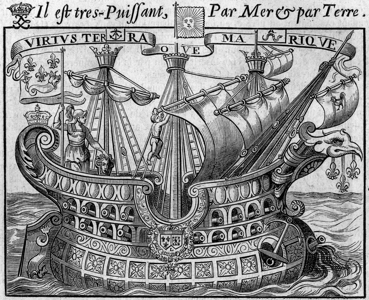 Allegoria del potere francese: "La nave dello Stato", simbolo della Francia, ricorda anche le armi della città di Parigi. Estratto dal "Livre des monnoyes etrangeres ou le grand banker de France" (1687) di Francois Barreme (1638-1703), matematico francese da French School