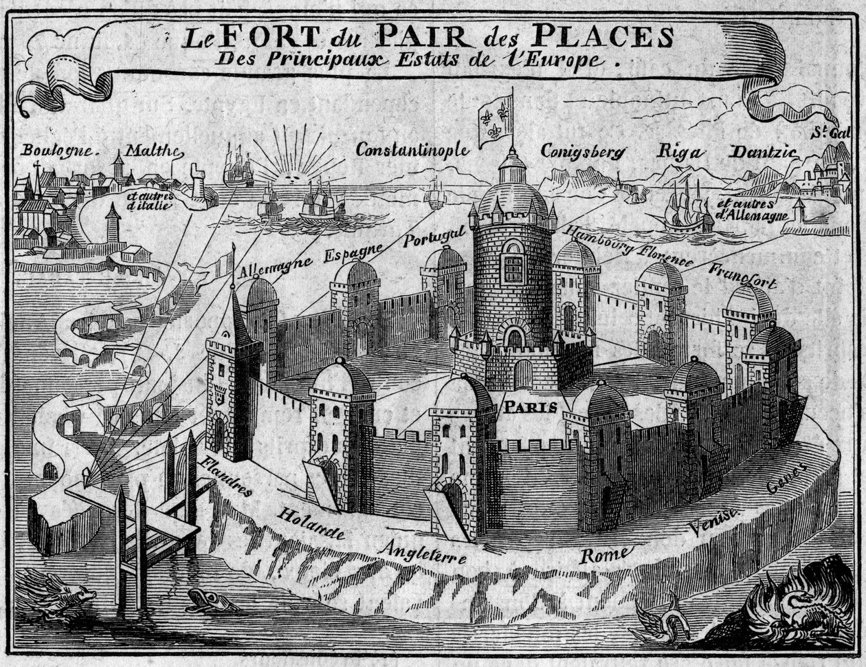 Allegoria delle relazioni tra le principali città commerciali del mondo: Parigi è una fortezza protetta da bastioni, ognuno dei quali rappresenta un paese o una capitale d
