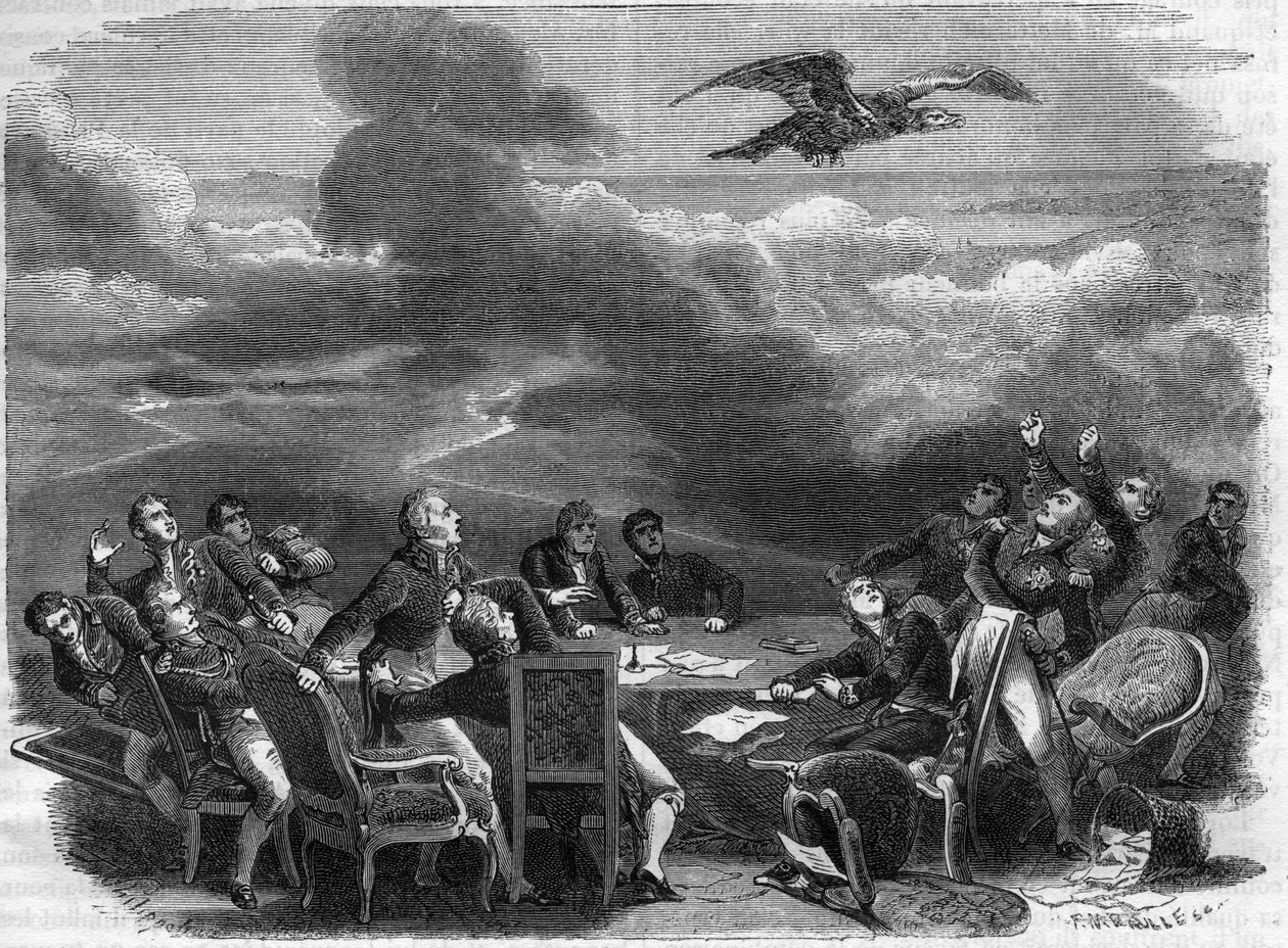 Allegoria della fine del Congresso di Vienna nel 1815 - straordinaria agitazione dei diplomatici che apprendono lo sbarco di Napoleone - in "History of the empire following the history of the consulate" di Adolphe Thiers - 1879 - collezione privata da French School