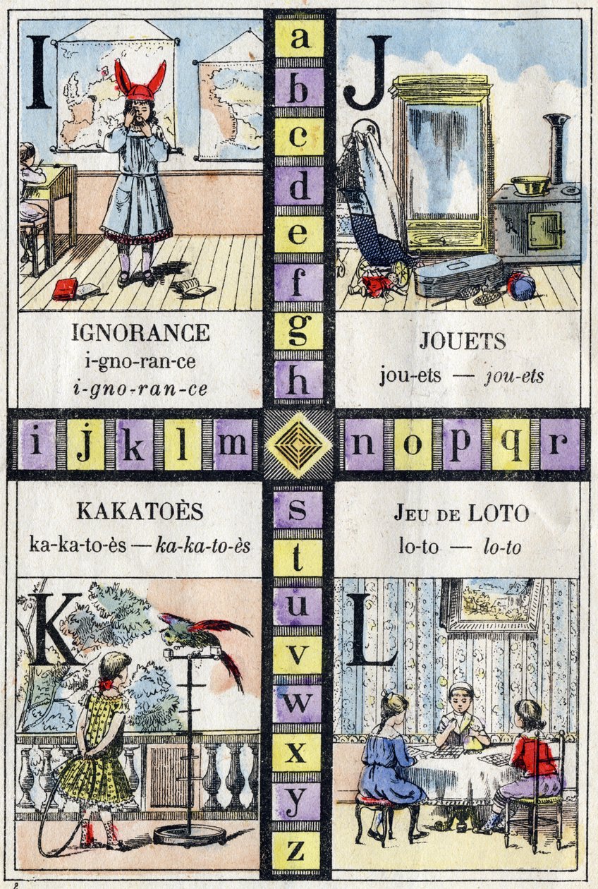 Alfabeto e Lettere I J K e L, ignoranza, giocattoli, cacatua e gioco del lotto. ABC delle bambine. Immagini di Epinal da French School
