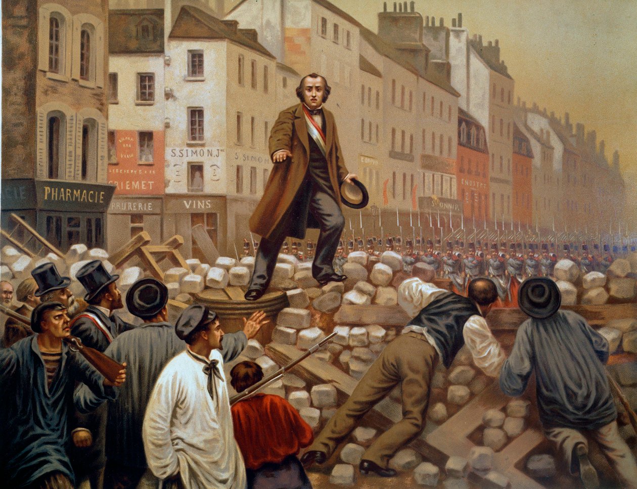 Alphonse Baudin (1811-1851) sulla barricata del Faubourg Saint Antoine il 3/12/1851 durante il colpo di stato di Luigi Napoleone III (Luigi-Napoleone Bonaparte) Incisione del 1851 da French School