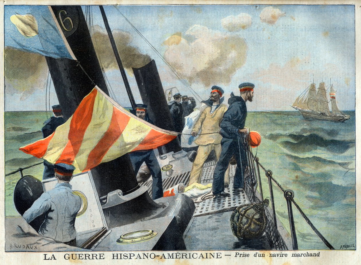 Guerra ispano-americana (o Disastro del 98) - La guerra ispano-americana: cattura di una nave mercantile. La guerra ispano-americana - Cattura di una nave mercantile. Illustrazione per Le petit Journal da French School