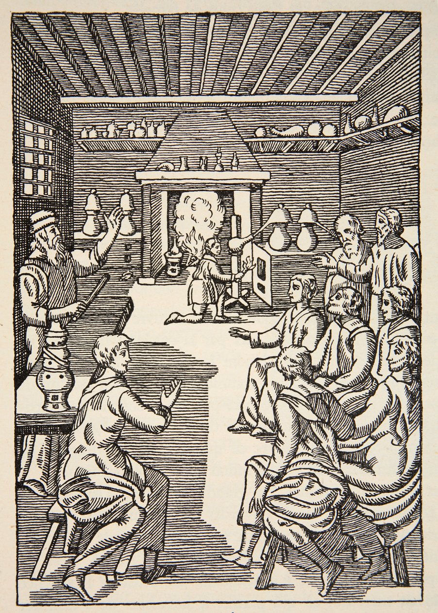 Una lezione di alchimia nel XIV secolo, copia di Boris Mestchersky, illustrazione da Histoire de la Nation Francaise, Sciences, Volumi I & II, di Gabriel Hanotaux, 1924 da French School