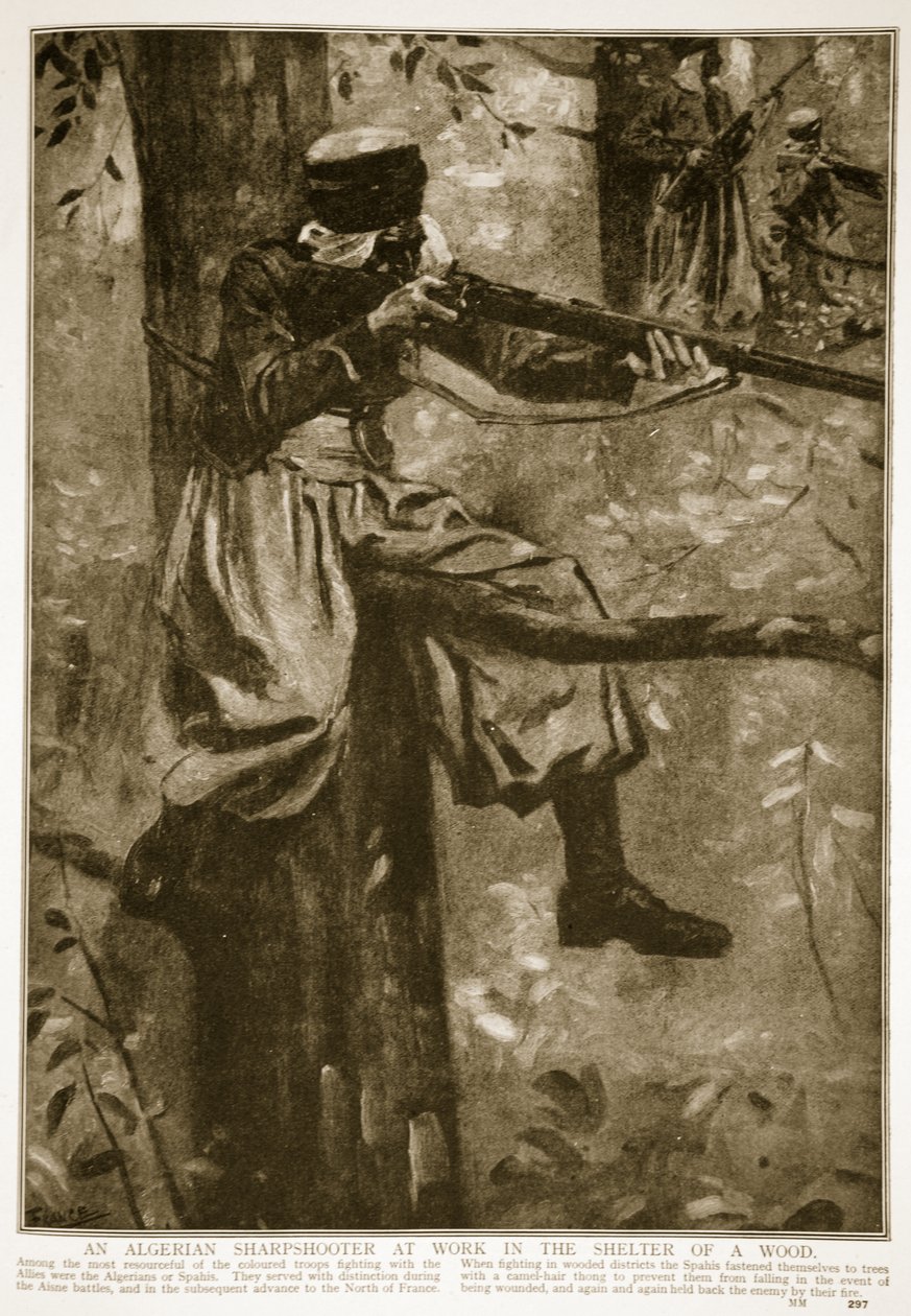 Un tiratore scelto algerino al lavoro nel riparo di un bosco, 1914-19 da French School