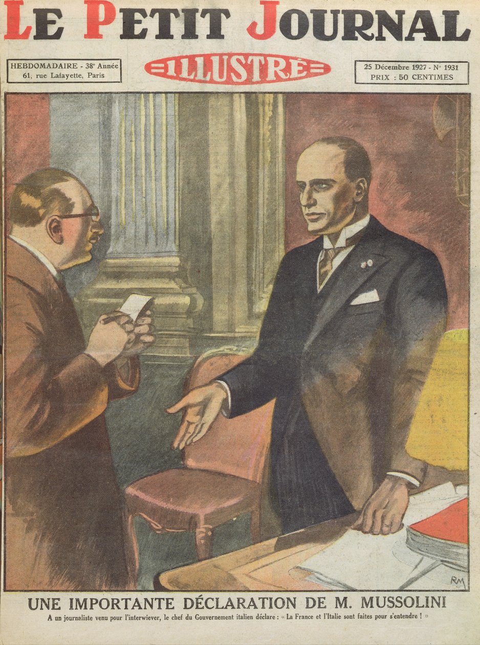 Una dichiarazione importante di Benito Mussolini (1883-1945) da Le Petit Journal, 25 dicembre 1927 da French School