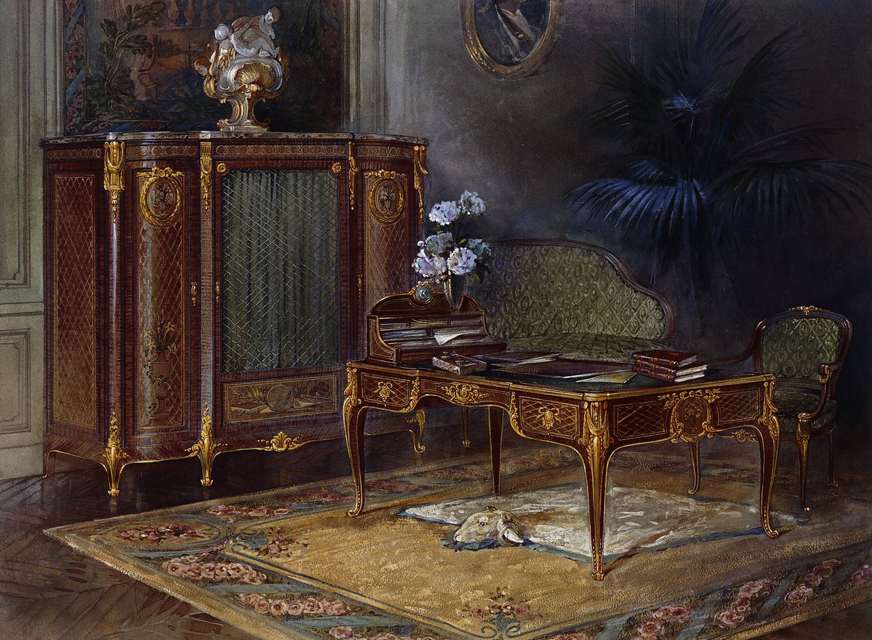 Interno con una scrivania e una biblioteca in stile Luigi XV da French School