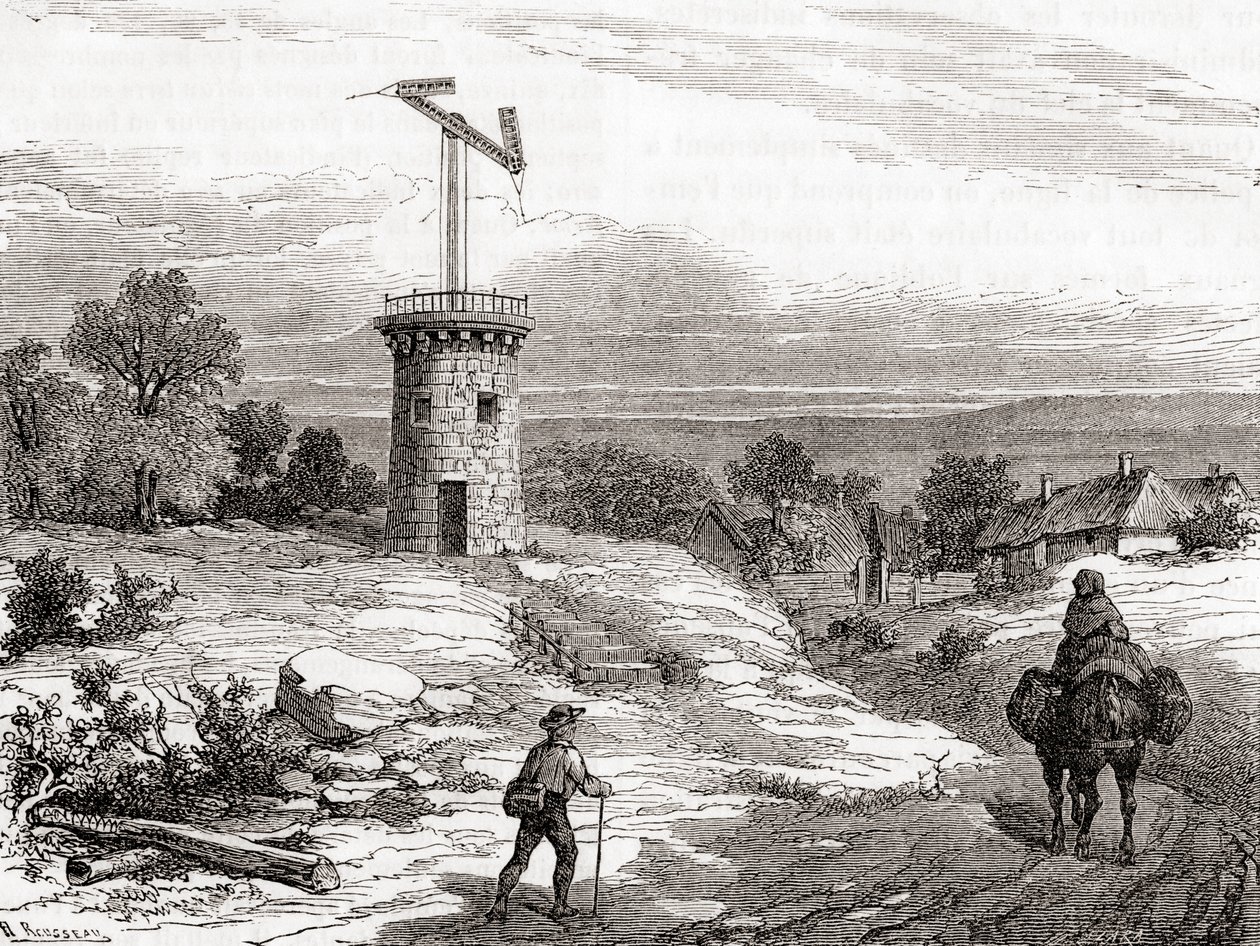 Un palo telegrafico aereo nel XVIII secolo, da Les Merveilles de la Science, pubblicato c.1870 da French School