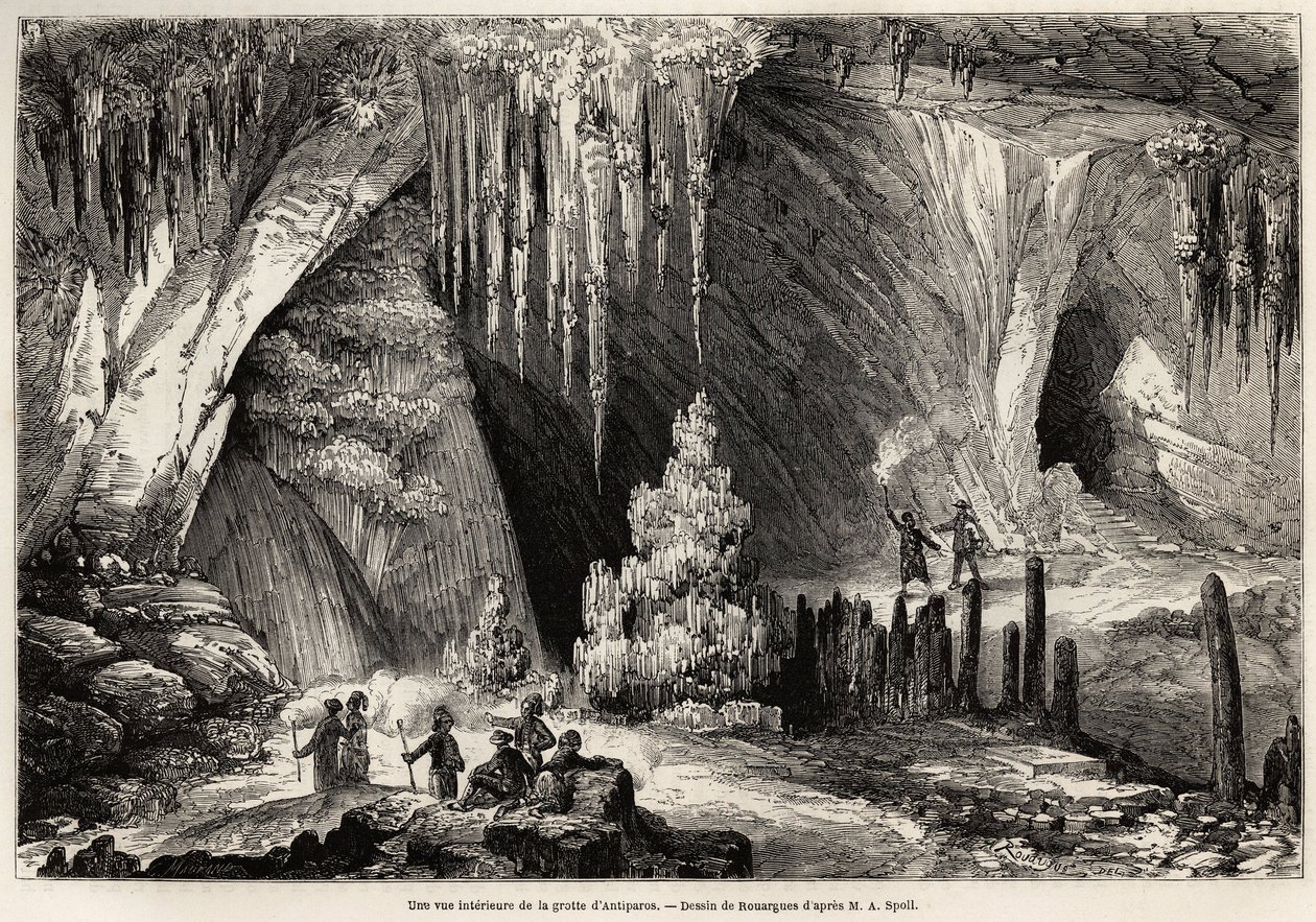 Una vista interna della grotta di Antiparos, isola delle Cicladi, disegno di Emile Rouargue (circa 1895-1865), per illustrare la visita alla grotta di Antiparos, nel 1859, di E.A.Spoll. Incisione in "Le tour du monde" 1861. Collezione di Selva. da French School