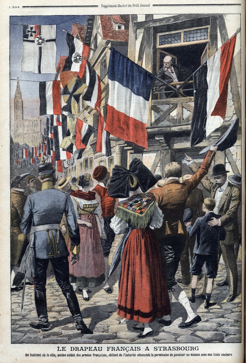 Un vecchio soldato francese nella Strasburgo occupata dai tedeschi è autorizzato a esporre la bandiera francese - "Le Petit Journal" 20 settembre 1908 (incisione) da French School