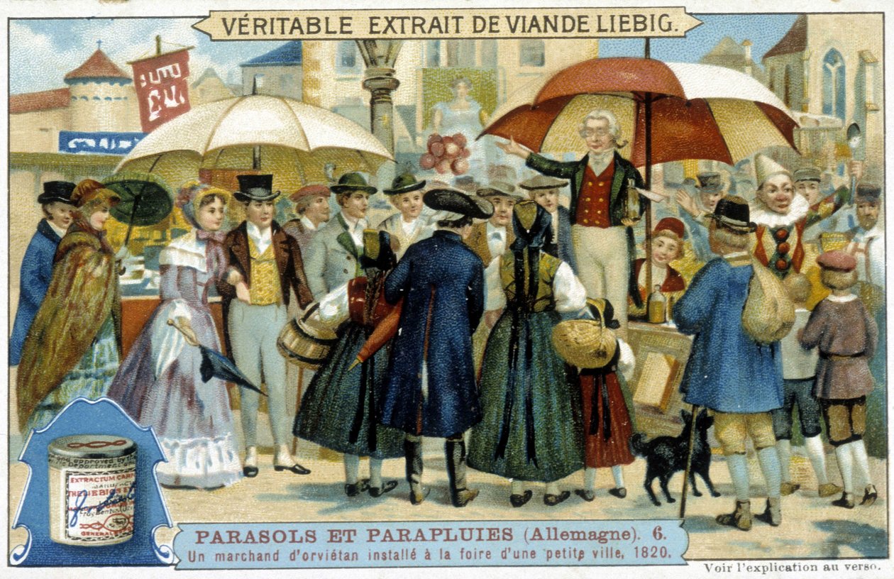 Un mercante di orvietano (ciarlatano) installato alla fiera di una piccola città in Germania - Etichetta pubblicitaria Liébig, ca. 1900 da French School