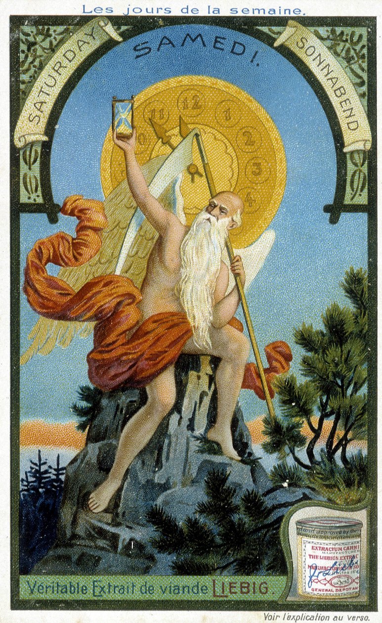 Divinità antica che tiene una clessidra come simbolo del tempo che passa per illustrare il sabato. Carta pubblicitaria cromolitografica Liebig da French School
