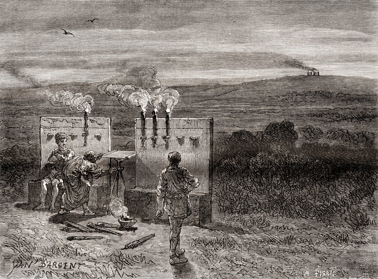 Storico greco antico Polibio che lavora sulla Scacchiera di Polibio, un sistema che ha inventato come ausilio alla telegrafia usando set di torce, da Les Merveilles de la Science, pubblicato c.1870 (incisione) da French School