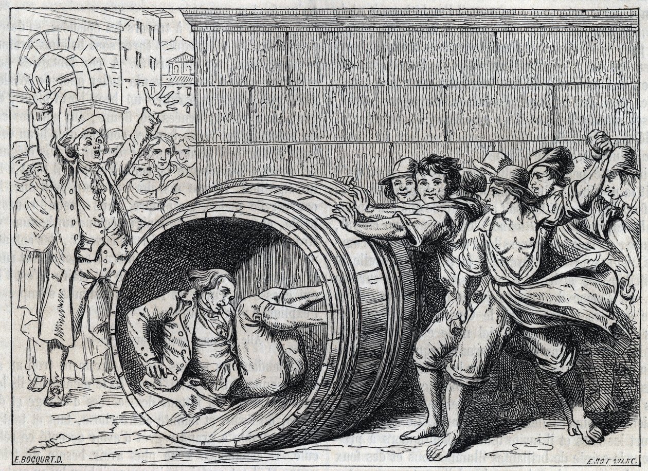 Persecuzione antisemita nel XVII secolo: un ebreo rotola in una botte dagli abitanti di Roma. Illustrazione di 