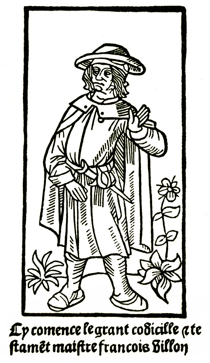 Ritratto apocrifo del poeta François Villon in “Il Grande Testamento” - “Cy comence le grant codicille & testamet maistre François Villon” (qui inizia il grande codicillo e testamento) edizione P Levet 1489 da French School