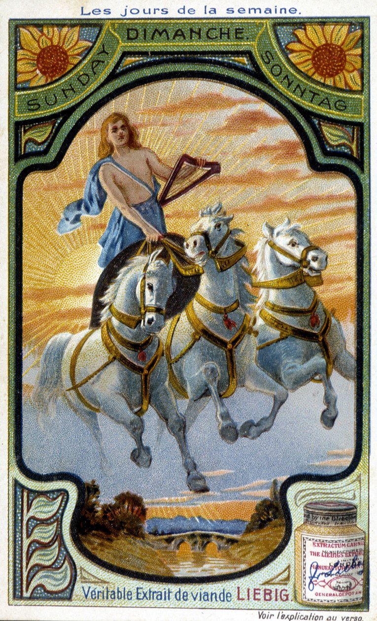 Carro di Apollo. Illustrazione della domenica per la pubblicità di "Il vero estratto di carne Liebig" (XIX secolo). da French School
