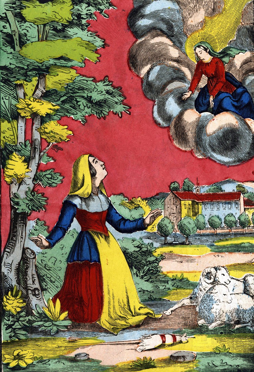 Apparizione della Beata Vergine alla Santa Suora Benoite, conosciuta come la Pastorella del Laus. Immagine di Epinal, prima metà del XIX secolo da French School