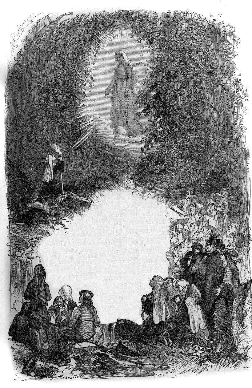 Apparizione della Vergine Maria a Bernadette Soubirous (1844-1879) nella grotta di Lourdes, Hautes Pyrenees (65) da French School