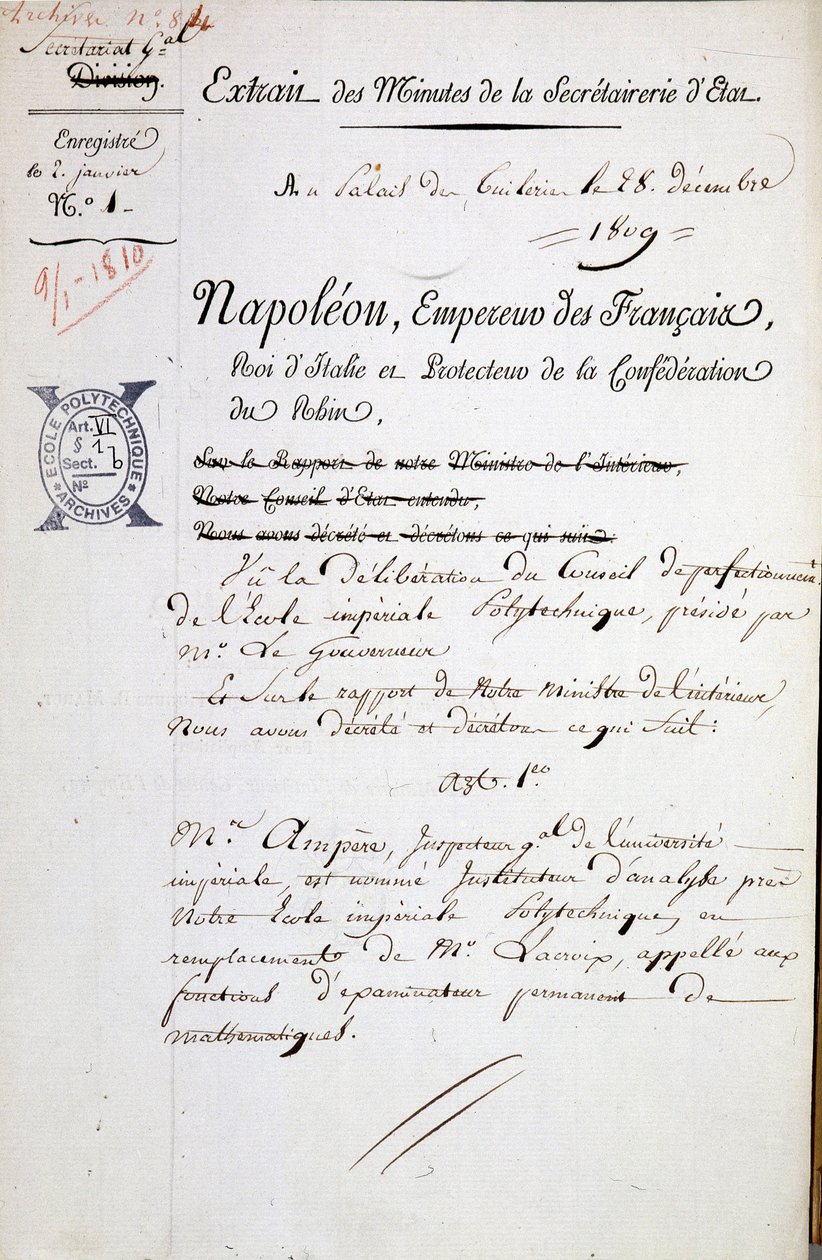 Nomina di Napoleone di André Marie Ampère come ispettore della Polytechnique - Menzione obbligatoria: Archivi della Bibl. de l