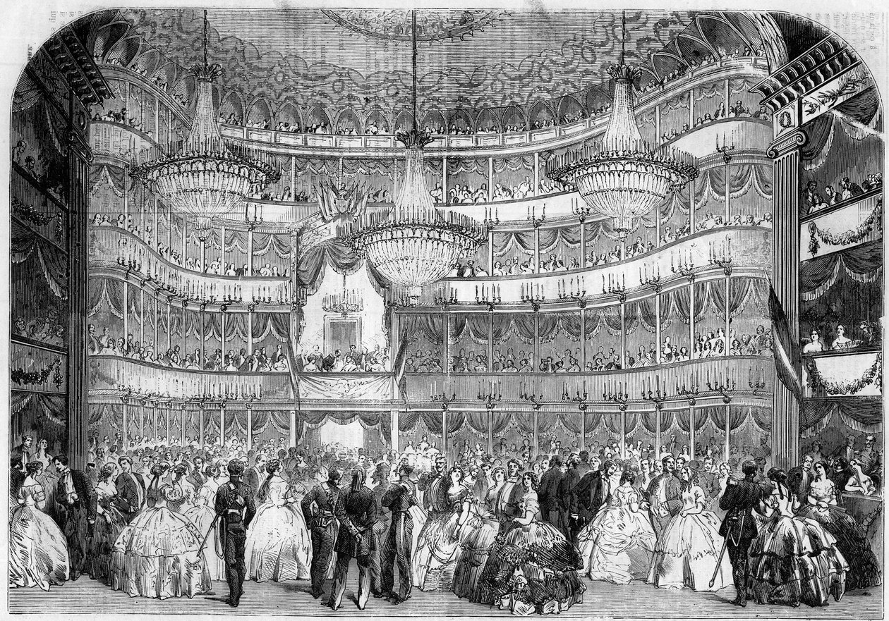 Architettura: vista interna del Teatro Reale (XIX secolo) a Nizza (Alpi Marittime, 06), nel 1858, durante il ballo di beneficenza dato dalla Società francese di assistenza, sotto il patrocinio della Granduchessa di Baden, Stephanie de Beauharnais (1789-186 da French School