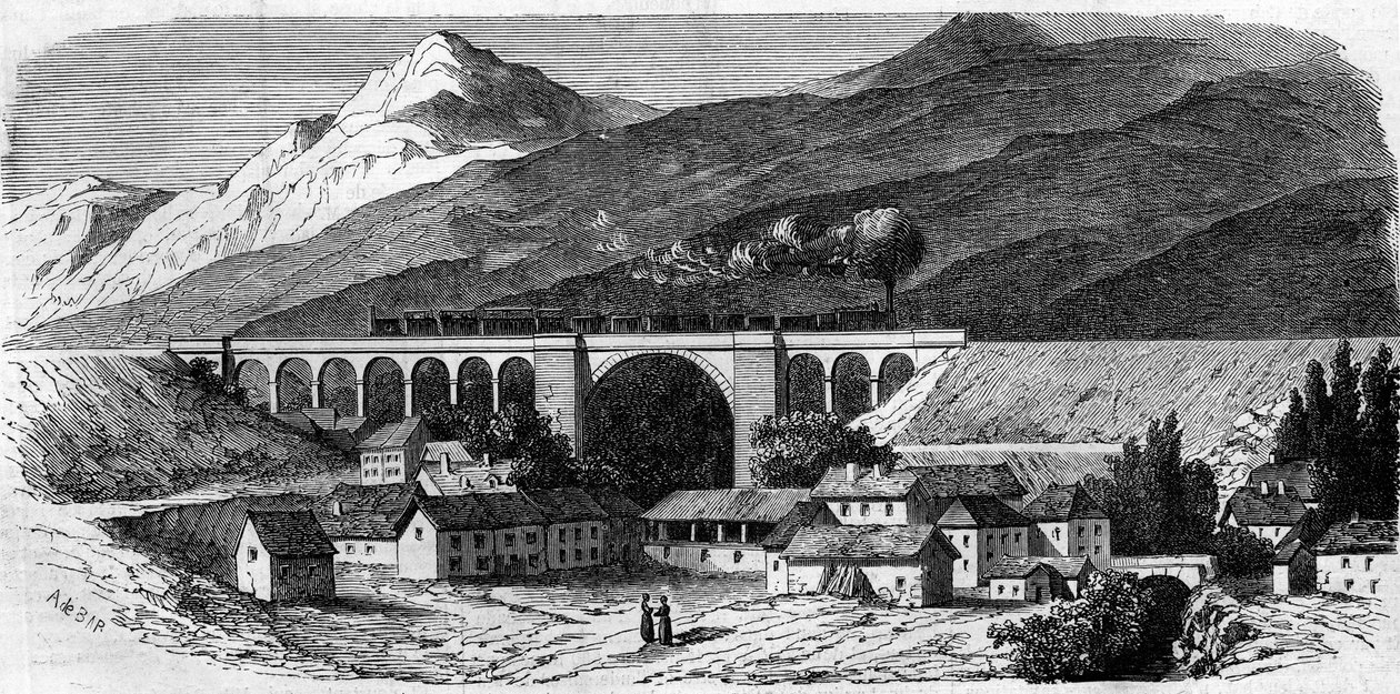 Architettura: vista del viadotto di Bellegarde (Rhone Alpes) sulla linea ferroviaria che collega Lione a Ginevra. 1858. Incisione in "Le Monde Illustré" n.49 del 20 marzo 1858. da French School