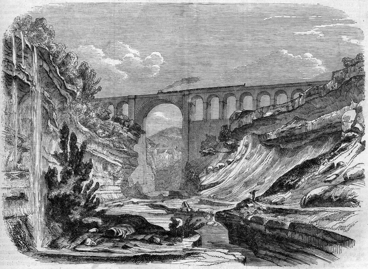 Architettura: vista del viadotto della Valserine (Rhone Alpes) sulla linea ferroviaria che collega Lione a Ginevra. 1858. Incisione in 