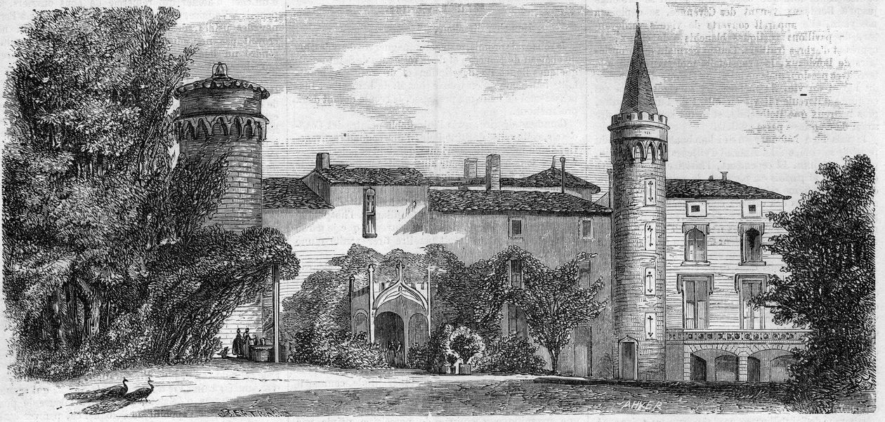 Architettura: vista del castello di Saint Point (Saint-Point) (XIII secolo), residenza di Alphonse de Lamartine. Saone e Loira (71). Incisione in "Le Monde Illustré" n.29 del 31 ottobre 1857 da French School